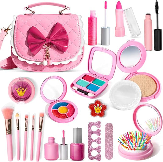 ULOVEME Kids Real Makeup Kit for Little Girls - Real, Non Toxic, Washable Make Up Toy - Umicorn Toys Gift for 3 4 5 6 7 8 9 10 12 Years Old Girls Birthday (Pink Bow Purse)