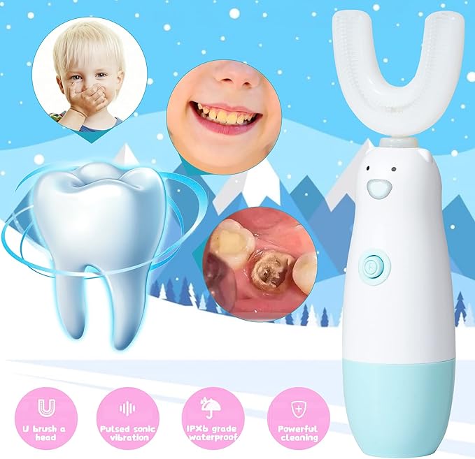 Kids Electric Toothbrush，6 Cleaning Models U Shaped Toothbrush Waterproof Battery Powered 360 Automatic Sonic Toddler Toothbrushes for 8-13 Years Old for Boys Girls（Blue）