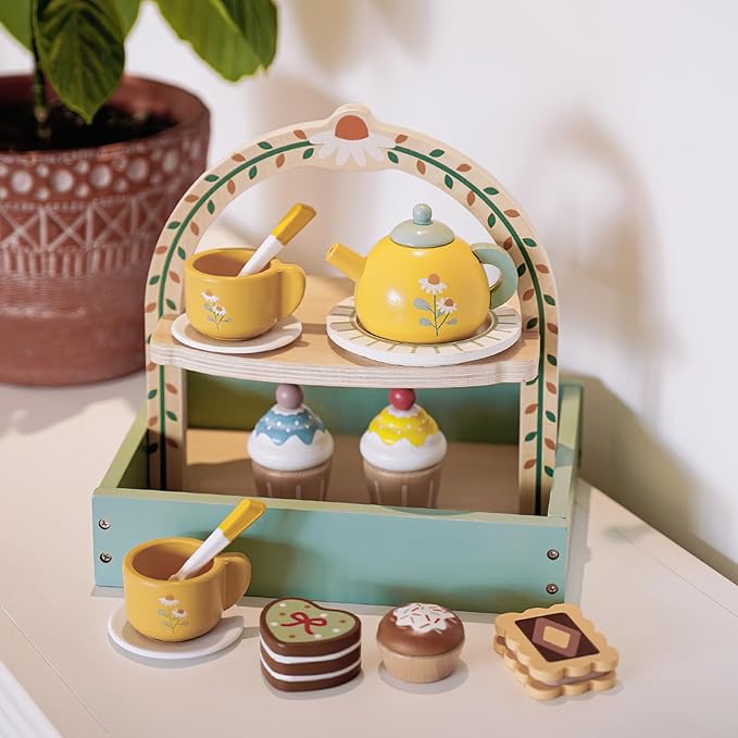 Wooden Dessert Cake Tea Party Set for Little Girls Toys, Pretend Play Kids Tea Set for Toddlers Wood Toys, Wooden Play Food Kitchen Accessories Sets for Kids