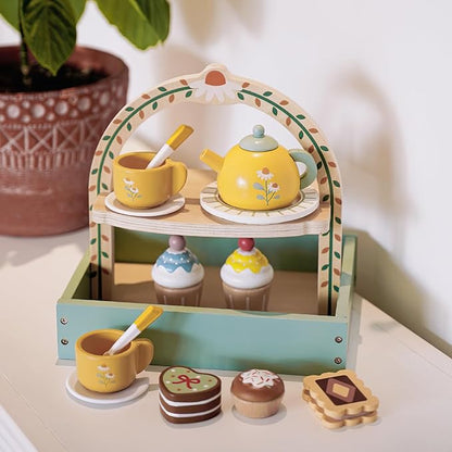 Wooden Dessert Cake Tea Party Set for Little Girls Toys, Pretend Play Kids Tea Set for Toddlers Wood Toys, Wooden Play Food Kitchen Accessories Sets for Kids