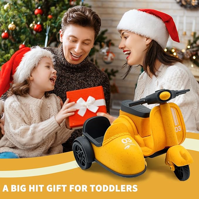 Kids Ride-On Motorcycle with Side Car - Eco-Friendly Straw Material, Push and Pull Toy for 1-3 Year Olds 3-5