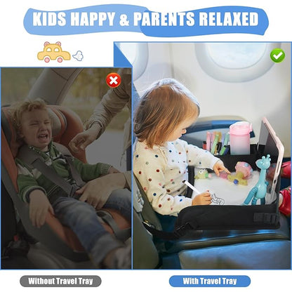 Upgraded Kids Travel Tray for Airplane - Toddler Car Seat Table Tray, Road Trip Essentials for Boys & Girls, Carseat Lap Desk for Kids Road Trip Activities, Black - 2 PCS