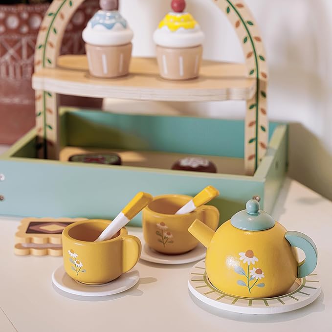 Wooden Dessert Cake Tea Party Set for Little Girls Toys, Pretend Play Kids Tea Set for Toddlers Wood Toys, Wooden Play Food Kitchen Accessories Sets for Kids