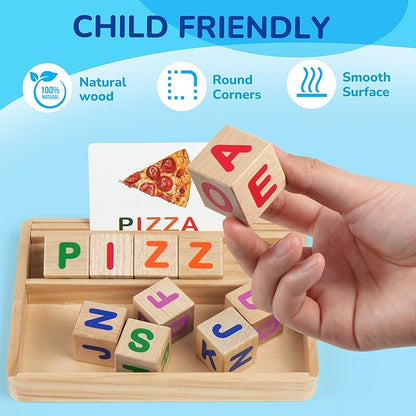 BenBen Spelling Games with 110 Flash Cards, Montessori Toys for 3 4 5 6 Years Old Kids, Wooden Matching Letters Toys, CVC Word Educational Learning Toys, Gift for Preschool Kindergarten
