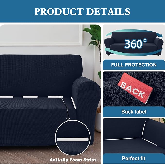 100% Waterproof Jacquard Fabric Couch Cover, Dual Layer with TPU Film, Leakproof High Elasticity Non-Slip Washable Furniture Protector for Pets, Dogs, Cats and Kids (Loveseat,Navy Blue)