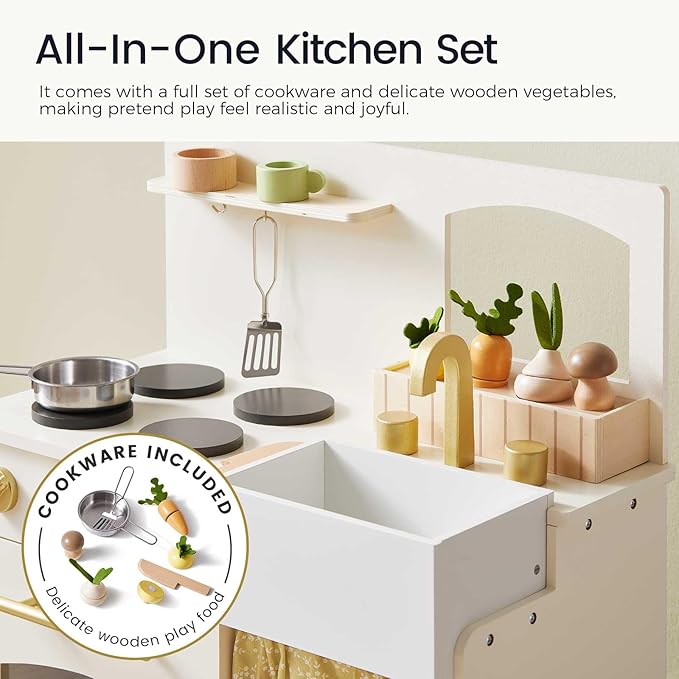 Tiny Land Play Kitchen, Kids Kitchen Playset, Toddler Kitchen with Cutting Food Set, Wooden Kitchen Sets for Kids, Best Gift for Girls and Boys