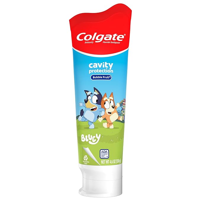 Colgate Kids Battery Powered Toothbrush, Batman, Extra Soft Toothbrush, Ages 3 and Up, 1 Pack, Colors May Vary & Kids Bluey Toothpaste with Fluoride, Fights Cavities, Mild Fruit Flavor, Sugar Free