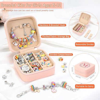 Charm Bracelet Making Kit for Girls 3-12, Kids Jewelry Making Kit 66Pcs Jewelry Kits for Girls Ages 8-12 Jewelry Maker Craft Necklace Birthday Christmas Gifts with Initial Jewelry Organizer Box - C