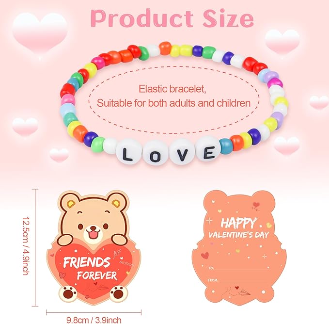 Valentines Day Cards for Kids Classroom, 24 Pack Valentines Gift Cards with Friendship Bead Bracelets, Valentines Gift Exchange for Boys Girls, Valentines Party Favors Supplies for Kids