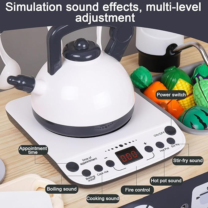 BESTATMTOY Kitchen for Kids, Wooden Kids Play Kitchen Playset Chef Pretend Play Set for Toddlers with Real Lights & Sounds, Toys Kitchen with Toy Food & Cookware Accessories