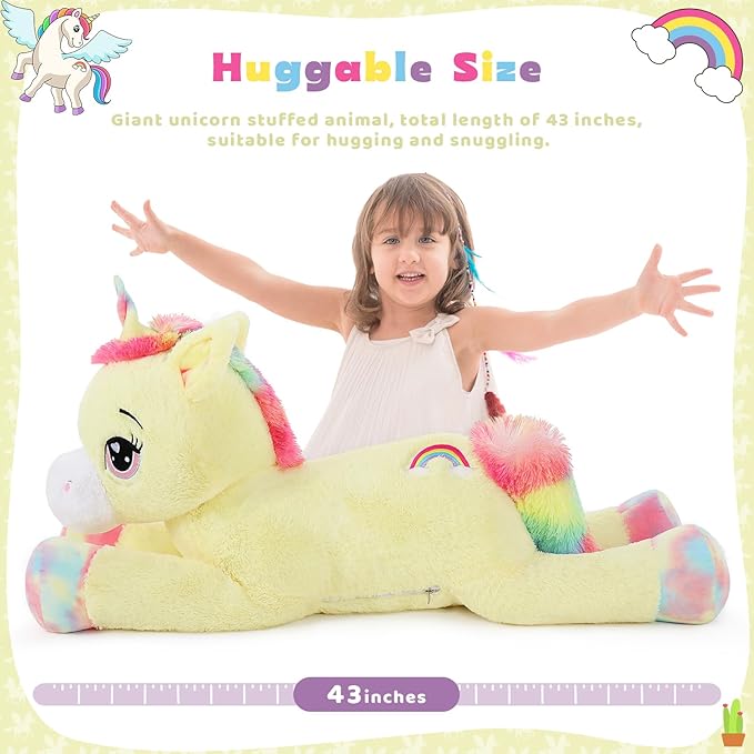 Tezituor 43 inch Unicorn Stuffed Animals, Large Unicorn Plush Pillow for Boys Girls, Soft Plush Toys for Kids, Christmas, Birthday, Valentine's (Yellow)