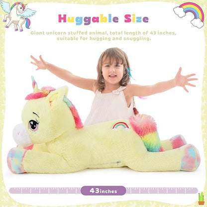 Tezituor 43 inch Unicorn Stuffed Animals, Large Unicorn Plush Pillow for Boys Girls, Soft Plush Toys for Kids, Christmas, Birthday, Valentine's (Yellow)