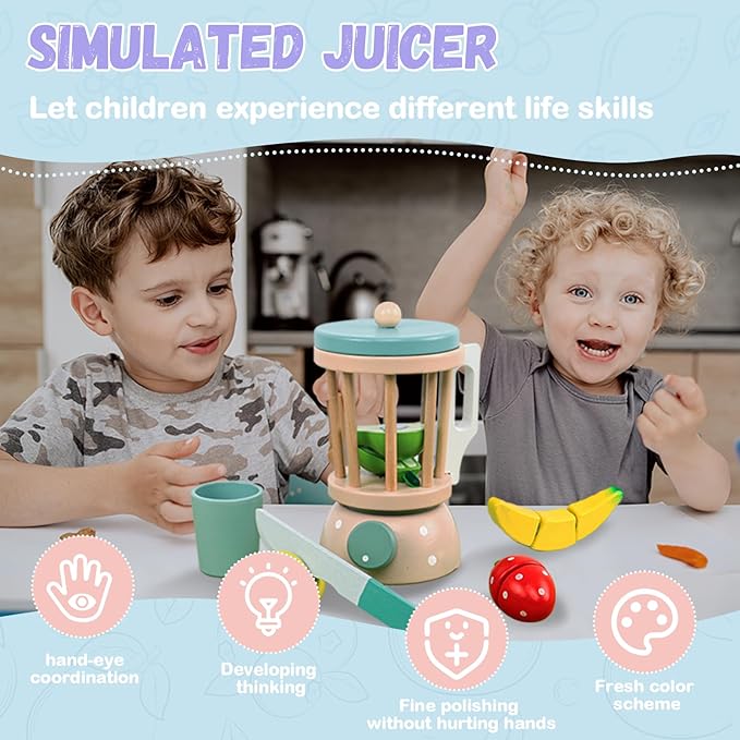 Wooden Blender Toys Play Kitchen Set for Kids-Fruit Juicer Maker Toy,Pretend Cutting Fruits Toys Mixer Food Play Kitchen Accessories for Kids,Toy Blender for Kids 3+ Years Old（Wood Fruit Blender）