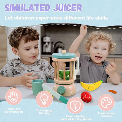 Wooden Blender Toys Play Kitchen Set for Kids-Fruit Juicer Maker Toy,Pretend Cutting Fruits Toys Mixer Food Play Kitchen Accessories for Kids,Toy Blender for Kids 3+ Years Old（Wood Fruit Blender）