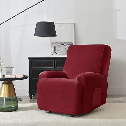 OBCREAT High Stretch Recliner Chair Cover Soft Velvet Recliner Slipcovers 4 Pieces Lazy Boy Recliner Couch Covers Plush Furniture Protector for Kids Pets (Wine Red)