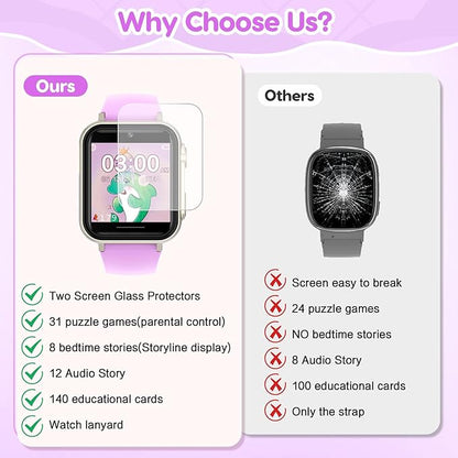 cjc Smart Watch for Kids Gift for Girls Ages 4-12 - Includes Screen Protector, 30+ Games, 140 Learning Cards, HD Touch Screen, Camera, Music, Pedometer - Fun & Educational Birthday Gift Idea (Purple)