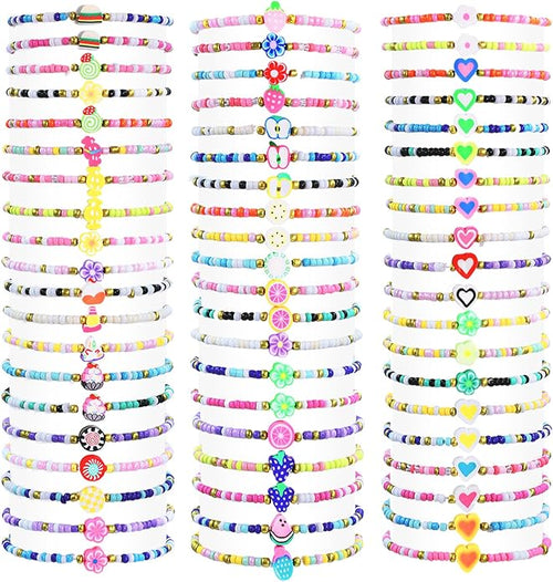 60 pcs Colorful Kids Friendship Bracelet Sets, Stackable Elastic Cute Beaded Bracelets Princess Pretend Play Bracelet Preppy Bracelets Bulk Set for Women Gift
