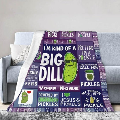 Custom Pickle Blanket with Name for Women Men, Personalized Cute Pickle Themed Design Printed Throw Blankets for Teens Adults Couch Bed, Giftable Blanket, 60"x 80"