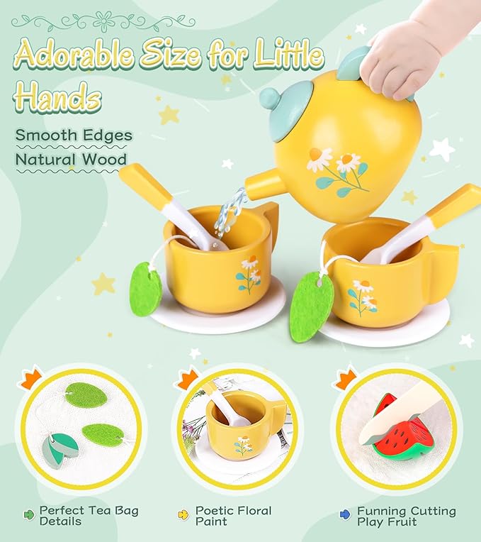 Wooden Tea Set for Toddlers Girls, Tea Party Set with Storage Cupcake Stand Extra Cutting Fruit Kids Tea Set for 3 4 5 6 Years Little Girls, Jeowoqao Portable Princess Tea Party Toys Gifts