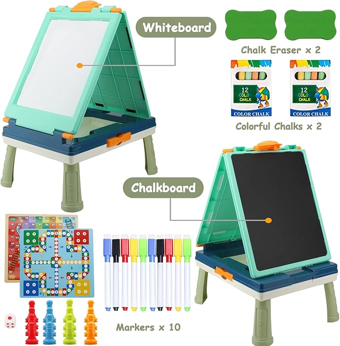 Table Art Easel for Kids, Double Sided Foldable Tabletop Drawing Easels Chalkboard Desk with Graffiti and Board Game Accessories Supplies for Boys and Girls (Blue)