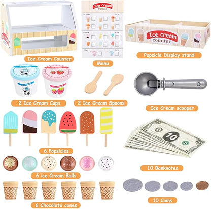 Wooden Ice Cream Set Counter Toy for Toddlers, Wooden Play Food Kitchen Accessories, Pretend Play Ice Cream Shop Toys for Kids Ages 3+, Play Store with Fake Money & Coin