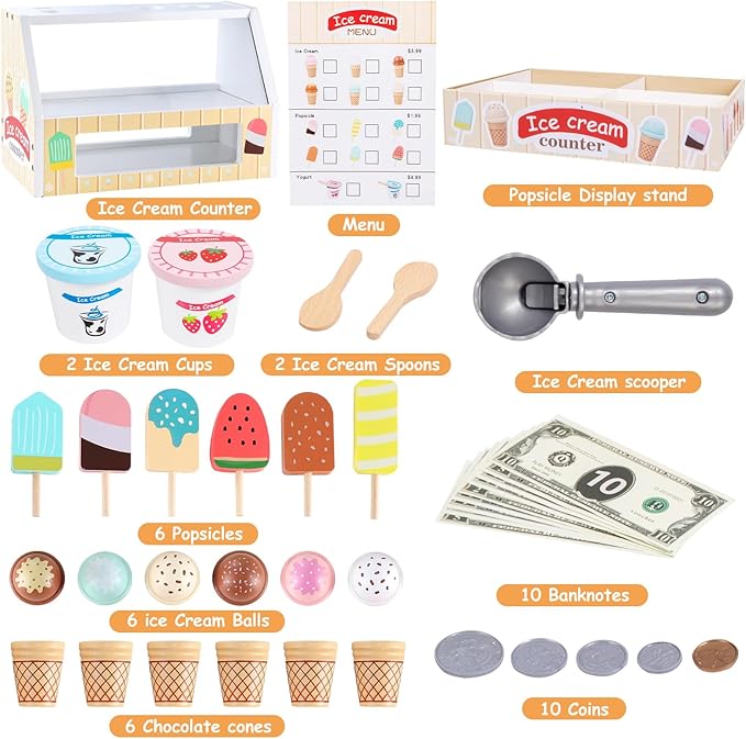 Wooden Ice Cream Set Counter Toy for Toddlers, Wooden Play Food Kitchen Accessories, Pretend Play Ice Cream Shop Toys for Kids Ages 3+, Play Store with Fake Money & Coin