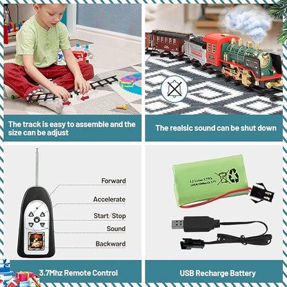 Remote Control Train Set - Electric R/C Train Toy for Kids w/Smokes,Lights & Sound 3 +