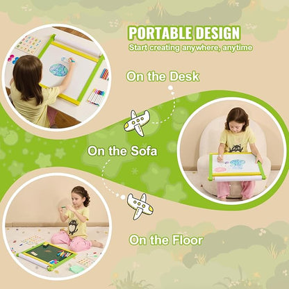 VEVOR Tabletop Art Easel for Kids, 3-in-1 Wooden Double-Sided Kid's Art Easel with Magnetic Whiteboard, Chalkboard, Paper Roll, Foldable Portable Drawing Board with Painting Accessories for Boys Girls