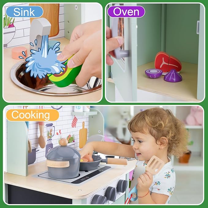Wooden Play Kitchen for Kids, Kids Children Pretend Toy Kitchen Playset, Toys Kitchen with Realistic 24 Pieces Toy Accessory, Cutting Play Food Toys Gifts for Ages 3-8 Girls Boys