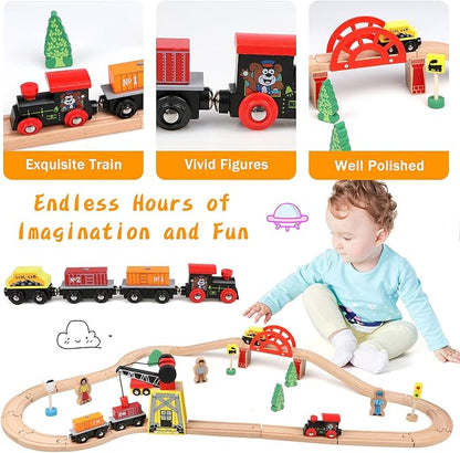 Qilay Wooden Train Set for Toddler - 39 Pcs Wooden Train Tracks with Crane, Bridge & 5 Wooden Trains 3,4,5 Year