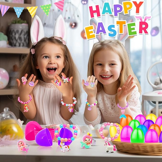 TURNMEON Easter Gifts Basket Stuffers for Girls Toddler Kids Include 12 Easter Eggs 12 Colorful Bead Bracelet and 12 Rings, Different Easter Toys Egg Filled Hunt Party Favors Classroom Prize Supplies
