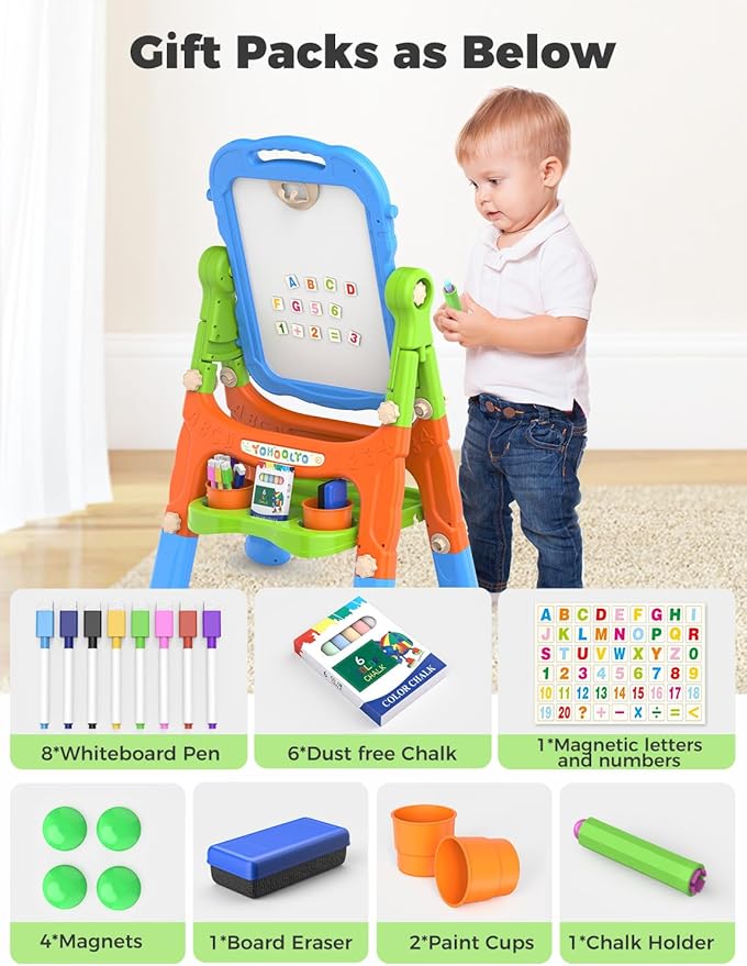 YOHOOLYO Kids Easel Standing Art Easel for Kids, Double Sided Magnetic Chalkboard Whiteboard Dry Eraser Board Great Gift for Girls and Boys