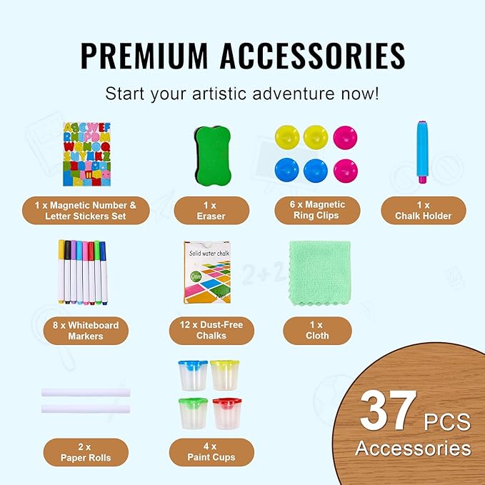 VEVOR Art Easel for Kids, 3-in-1 Wooden Double-Sided Kid's Art Easel with Magnetic Whiteboard, Chalkboard & Paper Roll, Adjustable Standing Drawing Board with Painting Accessories for Boys and Girls