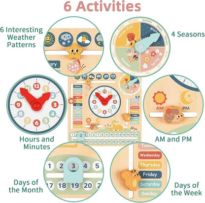 TOOKYLAND Kids Daily Calendar Montessori Educational Wooden Learning Toys My Calendar Clock Wooden Toys for Toddler Kids