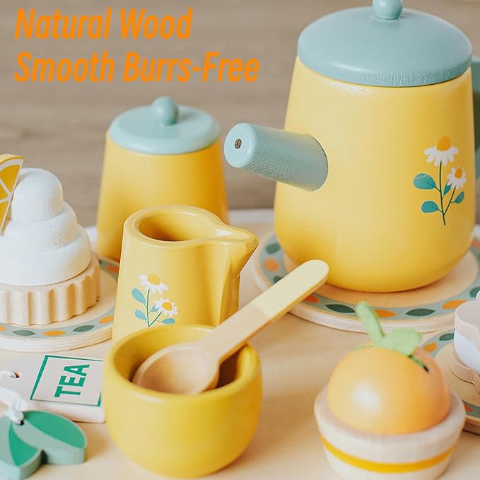 Wooden Tea Party Set for Little Girls Toys, Pretend Play Kids Tea Set for Toddlers Wood Toys, Wooden Play Food Kitchen Accessories Sets for Kid (Royal Tea)