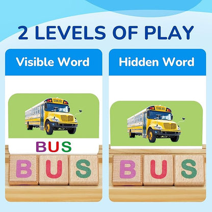 BenBen Spelling Games with Flash Cards, Montessori Toys for 3 4 5 6 Years Old Kids, Wooden Matching Letters Toys, CVC Word Educational Learning Toys, Gift for Preschool Kindergarten
