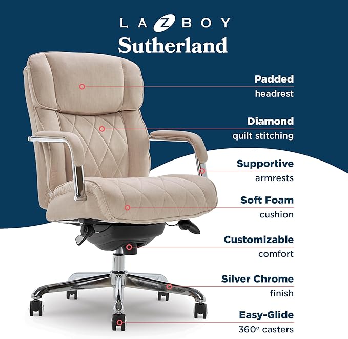 La-Z-Boy Sutherland Quilted Leather Executive Office Chair with Padded Arms, High Back Ergonomic Desk Chair with Lumbar Support, Cream Microfiber Fabric