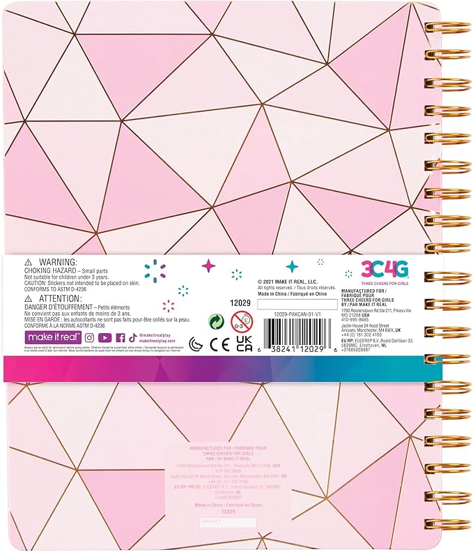 Three Cheers for Girls - Pink & Gold All-In-1 Sketchbook Set - Girls Diary, Journal, Sketch Book for Kids w/ Pencils, Stickers & More - Drawing Kit for Kids - Unlined Diary for Girls - Kids Sketch Pad