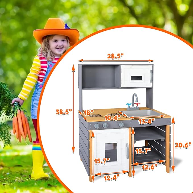 Wooden Mud Kitchen, Outdoor Play Kitchen with Removable Sink,Water Box & Faucet,Stove Top, Storage Bags& Metal Basket,Kitchen Backyard Outdoor Pretend Kitchen for Kids