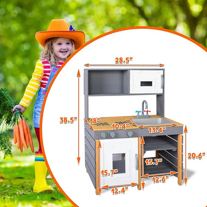 Wooden Mud Kitchen, Outdoor Play Kitchen with Removable Sink,Water Box & Faucet,Stove Top, Storage Bags& Metal Basket,Kitchen Backyard Outdoor Pretend Kitchen for Kids