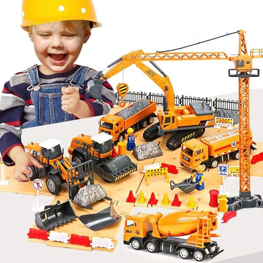 Construction Vehicles and Army Battle Site Set with Storage Container, 6 Vehicles