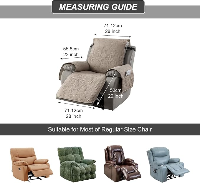 100% Waterproof Recliner Chair Cover, Recliner Chair Covers for Reclining Chair, Non-Slip Fabric Recliner Couch Cover for Living Room, for Pets Kids Protector, Washable