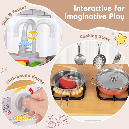Costzon Play Kitchen for Kids, Wooden Toy Kitchen Set with Blackboard, Faucet, Sink, Oven, Microwave, Dishwasher, Accessories, Pretend Cooking Toy for Toddlers, Kids Kitchen Playset, Gift for Ages 3+