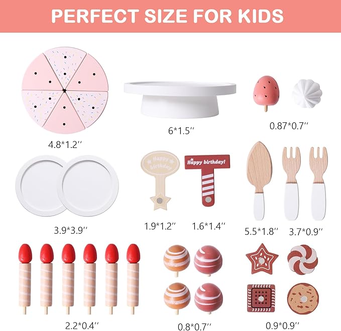 Wooden Birthday Cake Toys, DIY Pretend Play Food for Kids, Tea Party Fake Cake with Candles Plates Fork and Knife for Toddlers Ages 3 4 5 6 7 Years Old Boys Girls Gifts