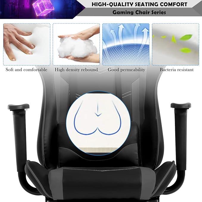 PC Gaming Chair Computer Chair PU Leather Recliner with Lumbar Support Headrest,High Back Racing Office Chair Video Gaming Chair Rolling Swivel Task Chair for Kids or Adults,Grey