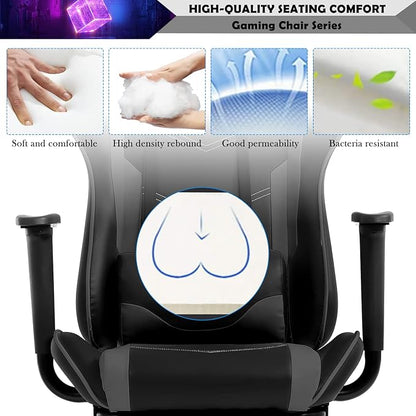 PC Gaming Chair Computer Chair PU Leather Recliner with Lumbar Support Headrest,High Back Racing Office Chair Video Gaming Chair Rolling Swivel Task Chair for Kids or Adults,Grey