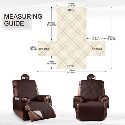 KinCam 100% Waterproof Recliner Chair Cover, Reclining Couch Covers for Pets, Dogs, Recliner Couch Slipcover Furniture Protector with Elastic Straps for Kids(28", Coffee)