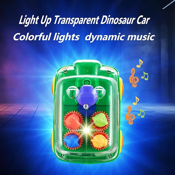 Dinosaur Bus Cars (Green)，Light Up Toy Toddler Trucks，Automatic Bump & Go Clear with Color Moving Gears, Music 1-3 2-4