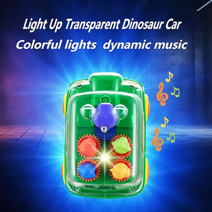 Dinosaur Bus Cars (Green)，Light Up Toy Toddler Trucks，Automatic Bump & Go Clear with Color Moving Gears, Music 1-3 2-4