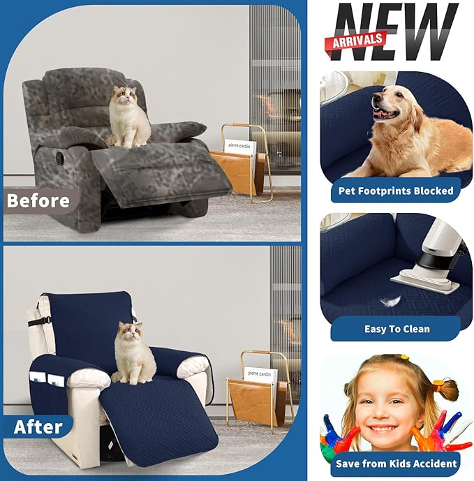 XINEAGE 100% Waterproof Recliner Cover, Non Slip Recliner Chair Cover with Elastic Band, Washable Recliner Slipcover with Storage Pockets for Kids, Pets (Dark Blue, 23")
